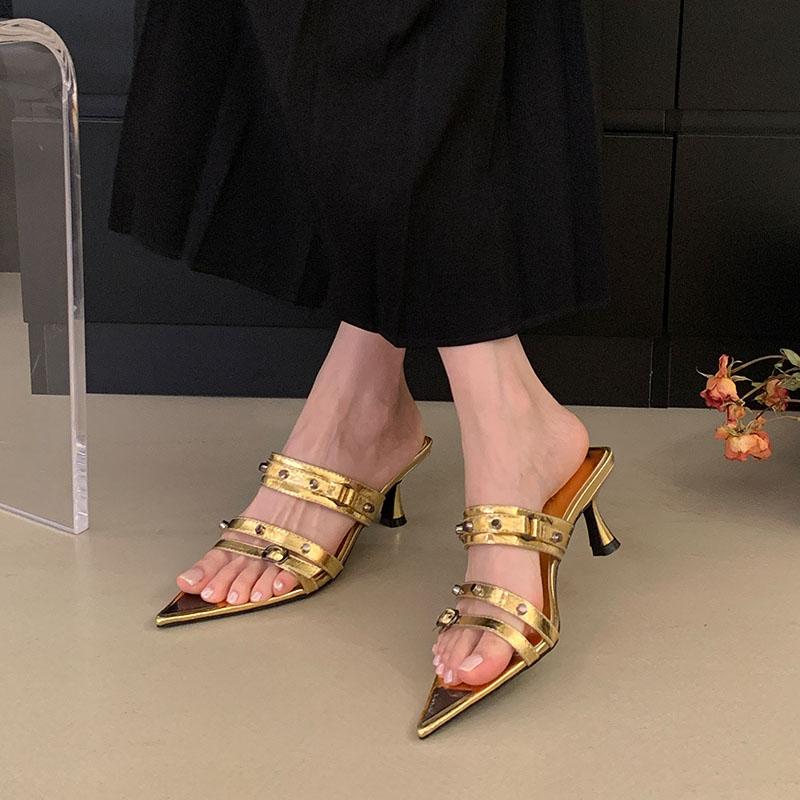 Fashion New 2025 Fashion Rivet Women Pumps Heels Shoes Female Slip On Footwear Pointed Toe Ladies High Heels Slides Sandals Shoes