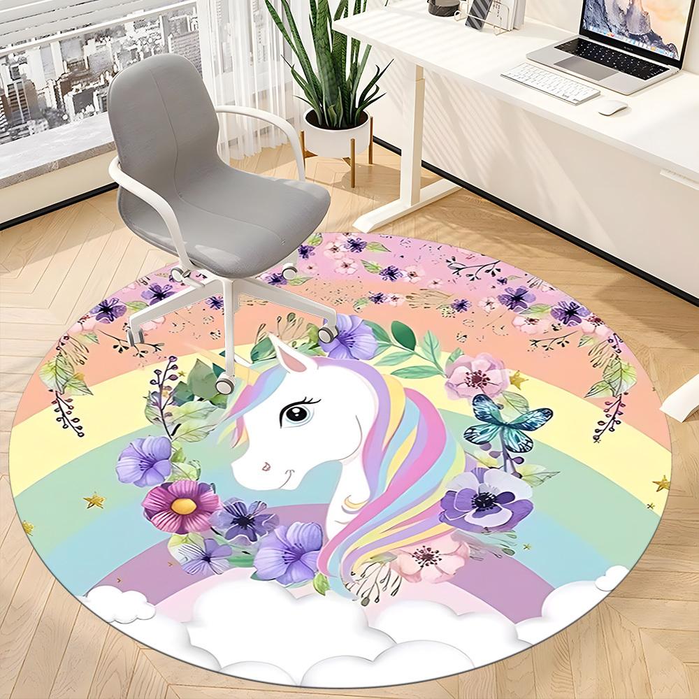 1pc Unicorn Rainbow Flowers Chair Carpet for Office, Round Polyester Mat, Indoor Decor for Office, Easycare Fabric, Washable Non-slip Area Carpet
