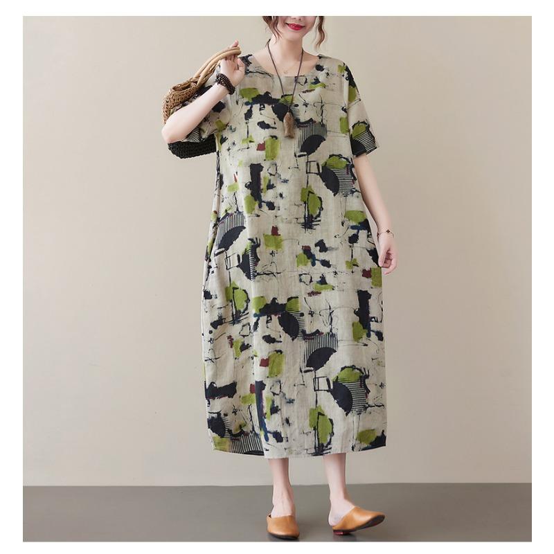2025 Summer Short Sleeve Loose Printed Women Dress Fashion Casual Simple Elegant A-line Party Dress Female O Neck Office Ladies Clothing