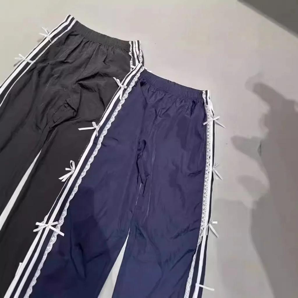 Elastic Waist Lace Flared White Edge Stitching Casual Pants Slim Sports Pants Bow Tie Pants