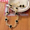 Classic Charm Geometric Black Ellipse Imitation Gemstone Stud Earrings Necklace for Women Fake Piercing Ear Clip Jewelry Gifts