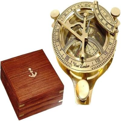 Solid Brass 4" Sundial Compass - with Wooden Box