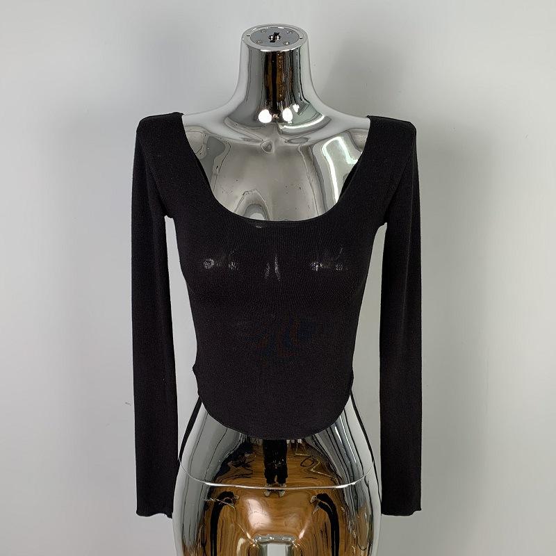 

Korean Versatile Sexy Bodycon Feminine Sheer U Neck Tight Slim Crop Long Sleeve T Shirt Top One Size чёрный