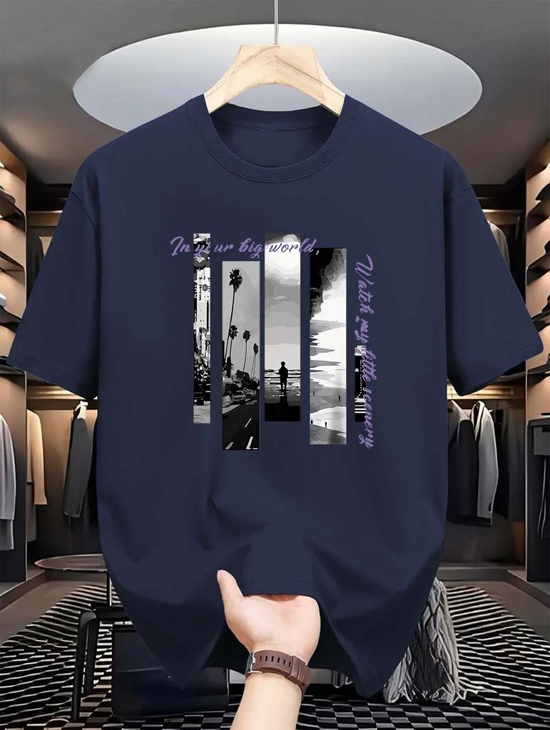 Summer Fashionable  Crew Neck T-Shirt - Men's Casual Short-Sleeve Tee with Seaside Letter Print, Slight Stretch, 180gsm