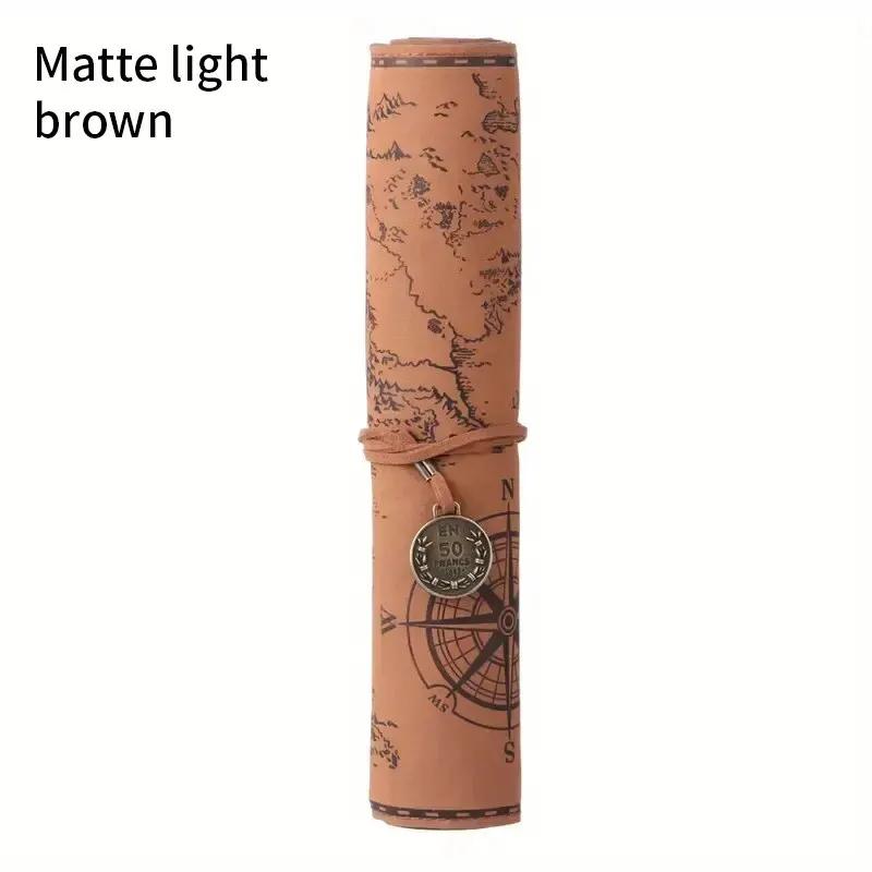 Vintage Treasure Map Roll Pencil Case – Large Capacity Leather Stationery Bag with Embossed Buckle