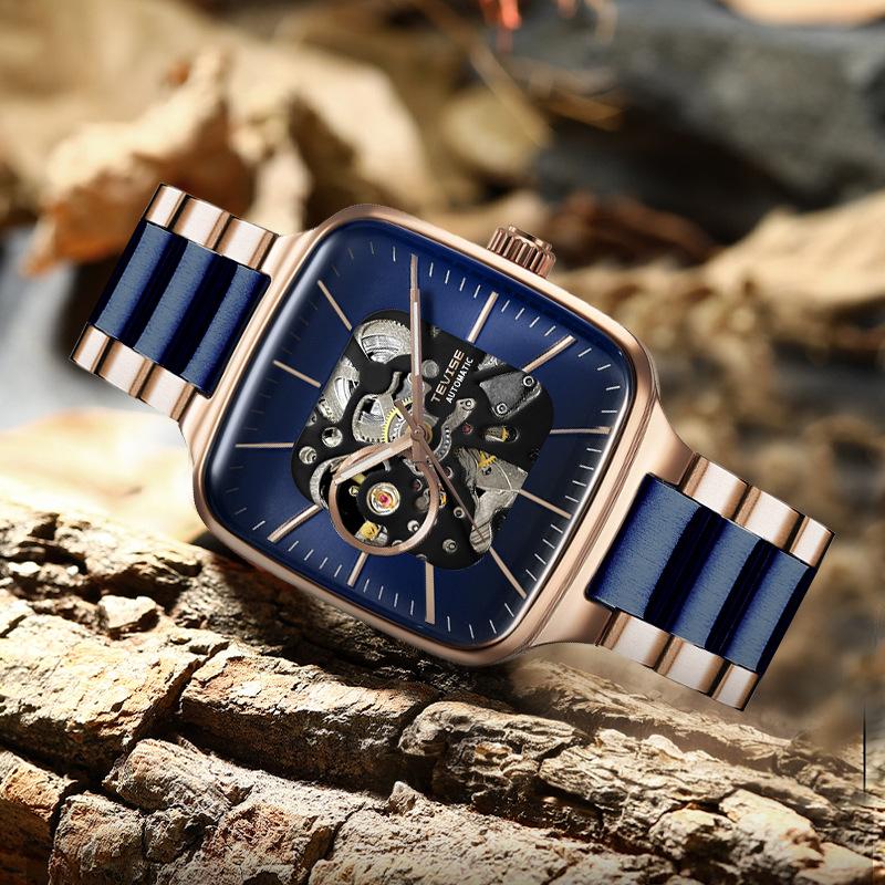 TEVISE Automatic Watches Men Mechanical Business Automatico Square Clock Stainless Steel Strap Business Sports Watch