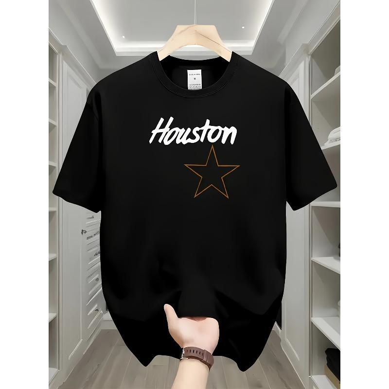 Simple yet Urban Style! "Houston" with Star Pattern Print White Short-Sleeve T-Shirt, Showcasing Casual Fashion Flair