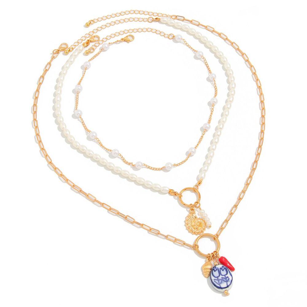 3pcs/set Elegant Multilayer Pearl Necklace Bohemian Style Trendy Conch Clavicle Chain Metal Chain Pendant Starfish Choker Lady