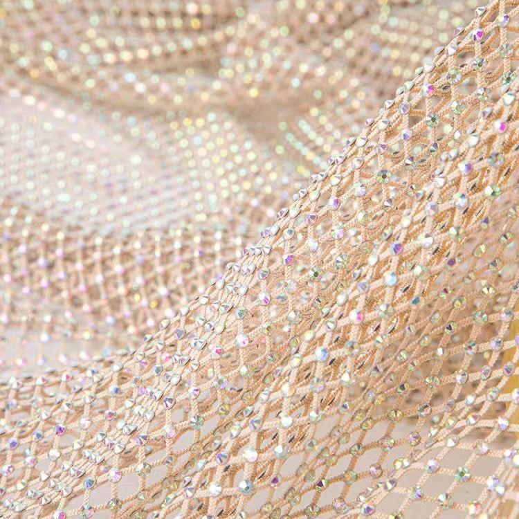 Luxury AB Color High Gloss Elastic Diamond Mesh Fabric Sewn with Satin Belt Mesh Lace Fabric DIY Dress Clothing High-end Fabrics