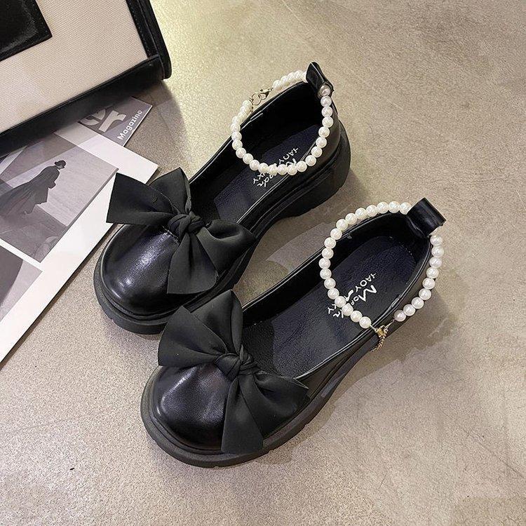 Mary Jane Small Leather Shoes Women's Thick Heel Thick Sole Heightening Japanese Jk Round Head Bow Pearl Chain Loafers