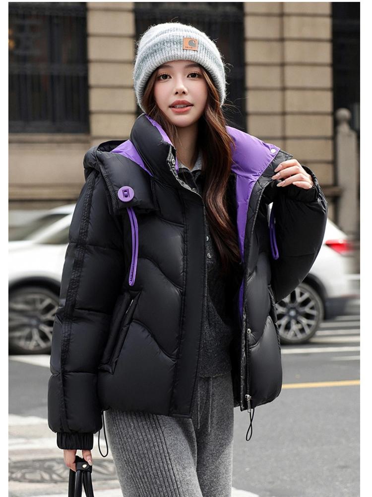 Women’s Short Color Contrast Hooded Windproof Thicken Warm Winter Jacket With Raglan Sleeves
