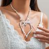 Women Necklace Faux Pearl Big Heart Pendant Hollow Chain Bow Decor Adjustable Length Stainless Neck Decoration Jewelry Party Beach Clavicle Necklace