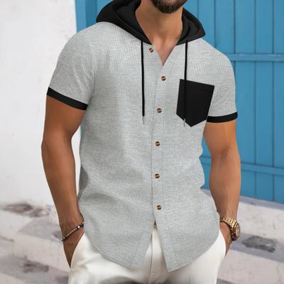 Herren Sommer Kapuzen-T-Shirt Kurzarm Button-Down T-Shirt mit Brusttasche Waffel Colorblock Lässiges Hoodie-T-Shirt für Gym Streetwear