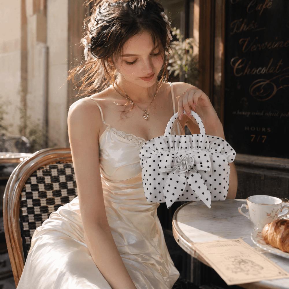 Portable Bowknot Handbag Lightweight Polka Dots Purse Fashion Nylon Top Handle Handbag Summer