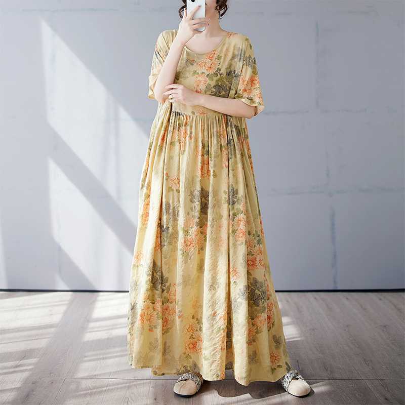 Simple and Fashionable Long Skirt Summer Short Sleeved Round Neck Printed Dress