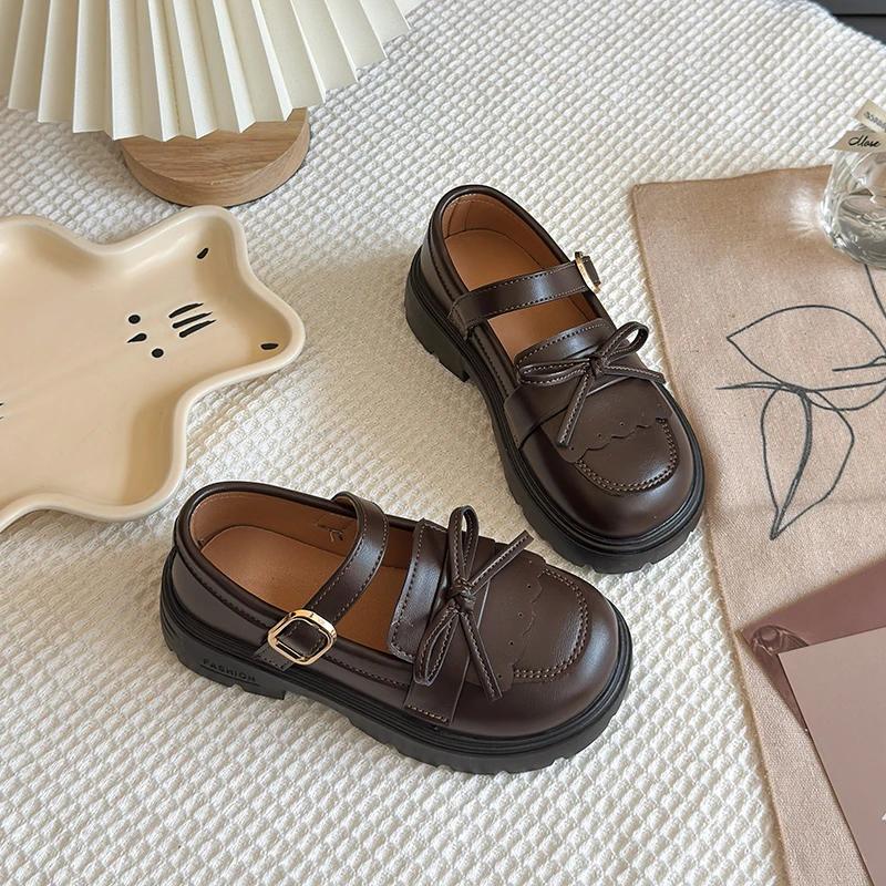 

Children Princess Shoes for Girls Fashion Casual Leather Shoes Bow-knot Classic British Style Vintage Retro College Design New 26 коричневый