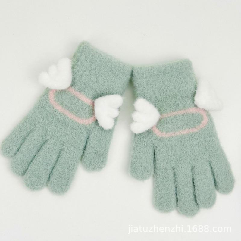 Children's cute gloves five fingers warm angel wings piled and thickened cute children's outdoor travel five fingers