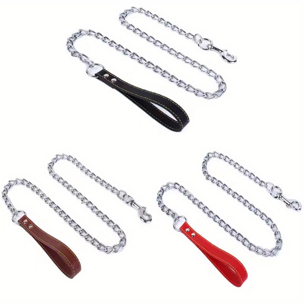 Heavy-Duty Dog Chain Leash 120cm Durable Leather Handle Chew-Resistant Metal Link Ideal for Large Breeds Pet Training & Walking
