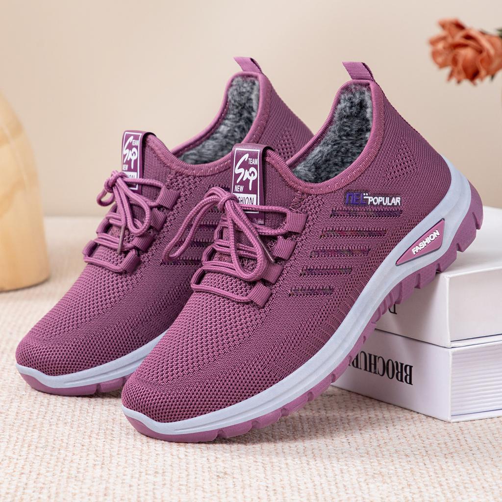 Women's Winter Lace-Up Sneakers Casual Lightweight Walking Shoes With Fur Lined Comfortable Knitted Short Snow Boots for Women Non-Slip Warm Shoes