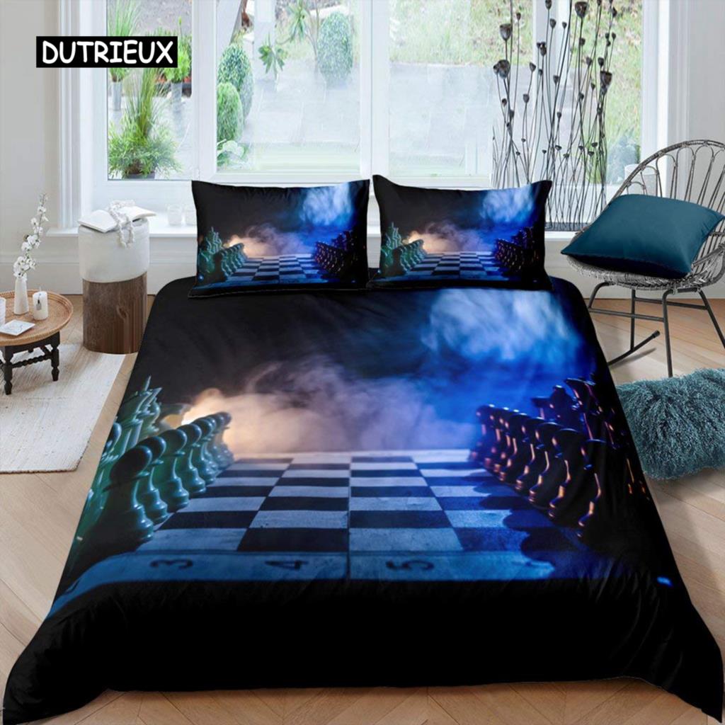 Bettbezug-Set mit internationalem Schachmotiv, Queen-Size-Bettwäscheset für Schachliebhaber, für Kinder und Erwachsene, Mikrofaser, schwarze Basis, 2/3-teiliger Bettbezug