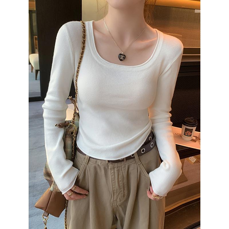 

Curled square neck leaking collarbone knitted sweater women s spring slim-fitting and thin inner top, high-end bottoming shirt L білий