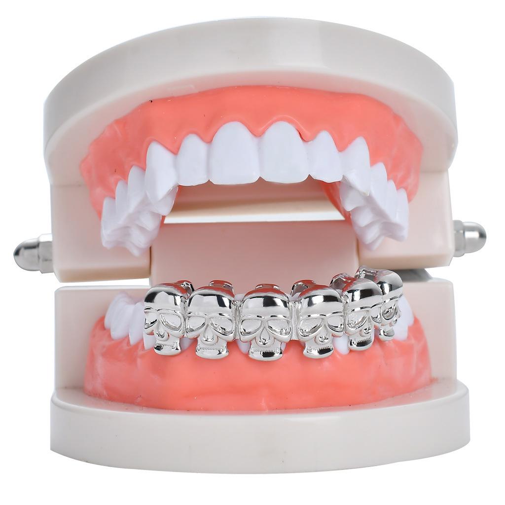 Gold-Plated Skull Hip Hop Grillz - Trendy Halloween Cosplay Tooth Decor