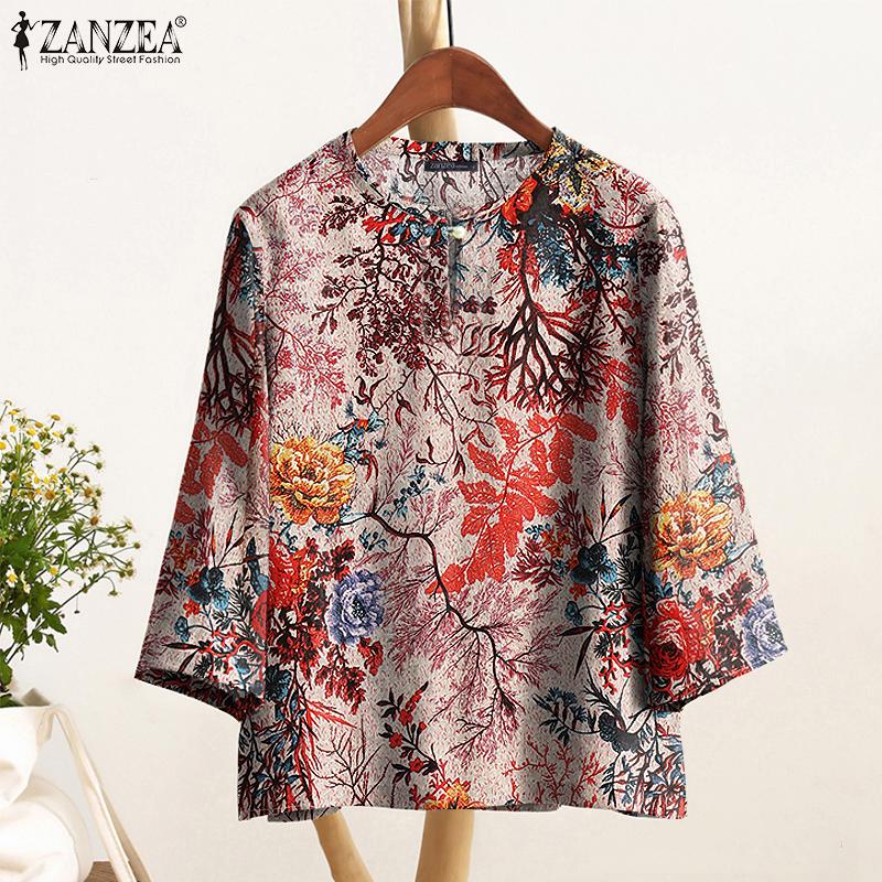 ZANZEA Blusa Casual de Cuello Redondo y Manga 3/4 con Estampado Étnico para Mujer