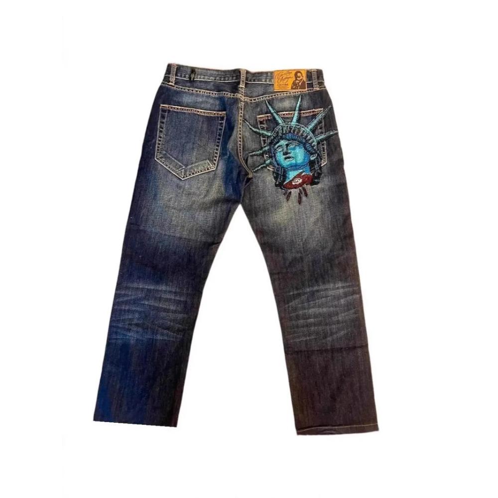 VibeStreet Statua della Libertà Vintage Diamanti Jeans Pantaloni Casual in Denim Vita Alta Gamba Dritta Larga Jeans Harajuku Y2k Anni 2000 Abbigliamento Donna