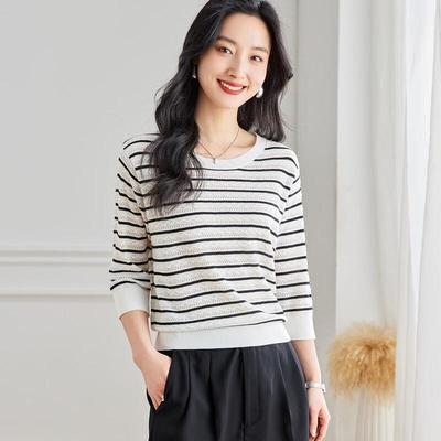Srcr Women's Retro Striped 3/4 Sleeve Wool Knit Sweater