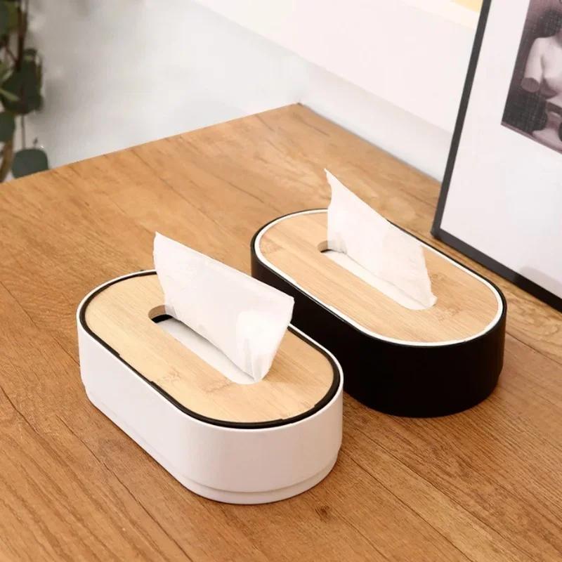 Tissue Box with Bamboo Cover Napkin Holder Home Storage Boxes Dispenser Case Office Organizer for Toilet Bathroom Bedroom