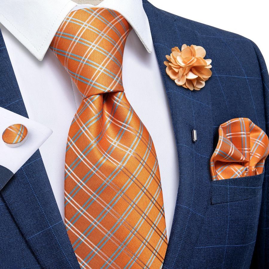 7 Colors Mens Plaid Paisley Silk Necktie Hanky Cufflink Tie Clip Boutonniere Set for Wedding Party