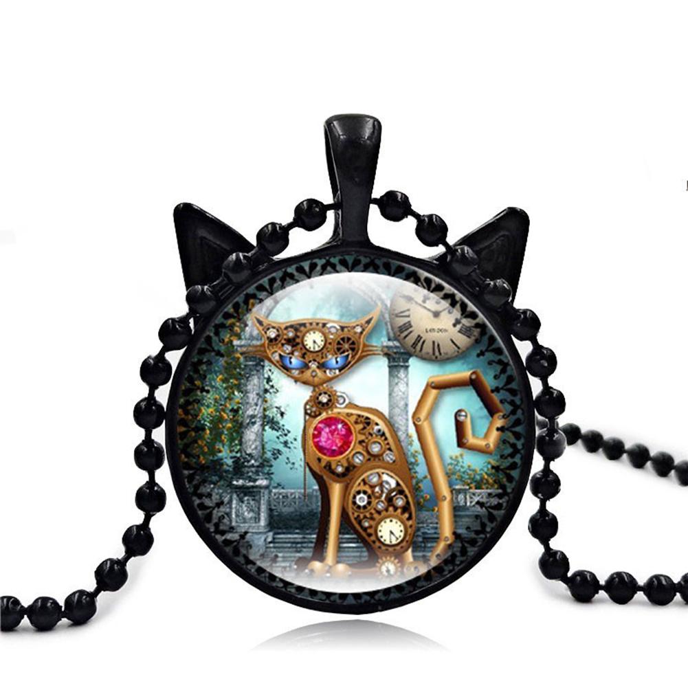 Fashion Retro Creative Round Necklace Cartoon Cat Clock Pendant Necklace