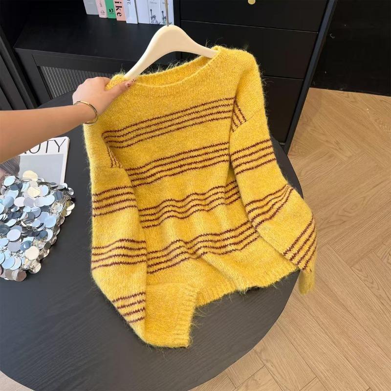 

Носите осенью и зимой полосатый имбирный свитер, ленивый свободный повседневный топ, озеро L