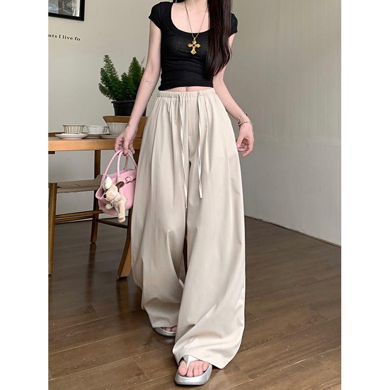 Kumikumi Idle Style Pure Color Elastic Waist Drawstring Casual Pants Women's Autumn Drooping Slimming Loose Pants Pants