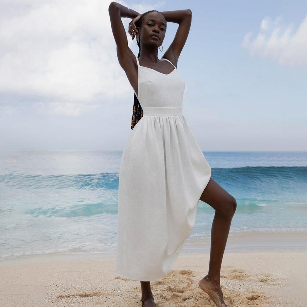 Spring New 100% Cotton V-neck Cami Dress, Women's Elegant Sexy Tie-back Open Back Dress, Cross-border European American Style