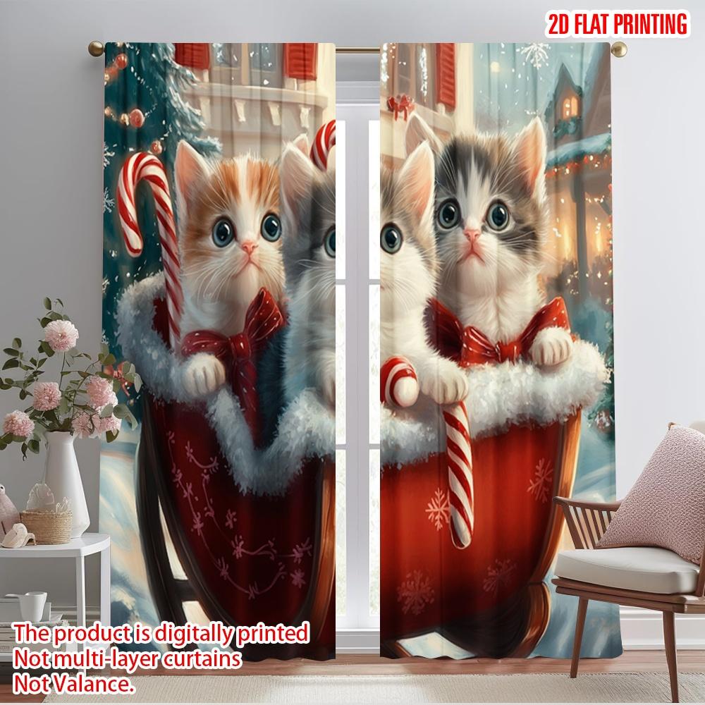 

2pcs,2D plane printing Popular Curtain Panels Cute Kittens Christmas Sleigh Ride (2) Durable Polyester (without rod) All Seasons 52.50×116.00 CM 2pcs