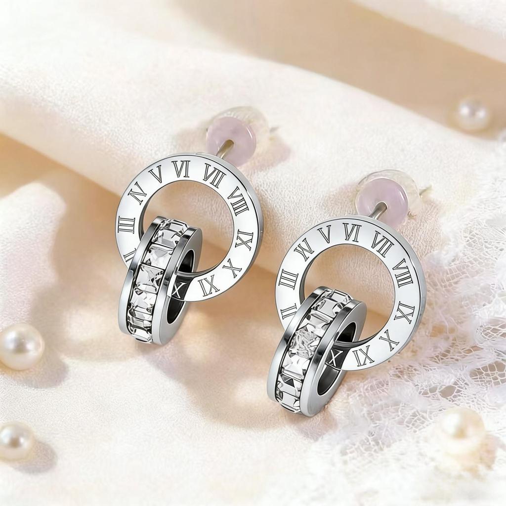 Korean Style Rhinestone Titanium Necklace & Double Ring Jewelry Set