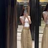 Women's Plaid Patchwork Khaki Wide-Leg Pants - Spring Loose Fit, Straight-Leg, Floor-Length
