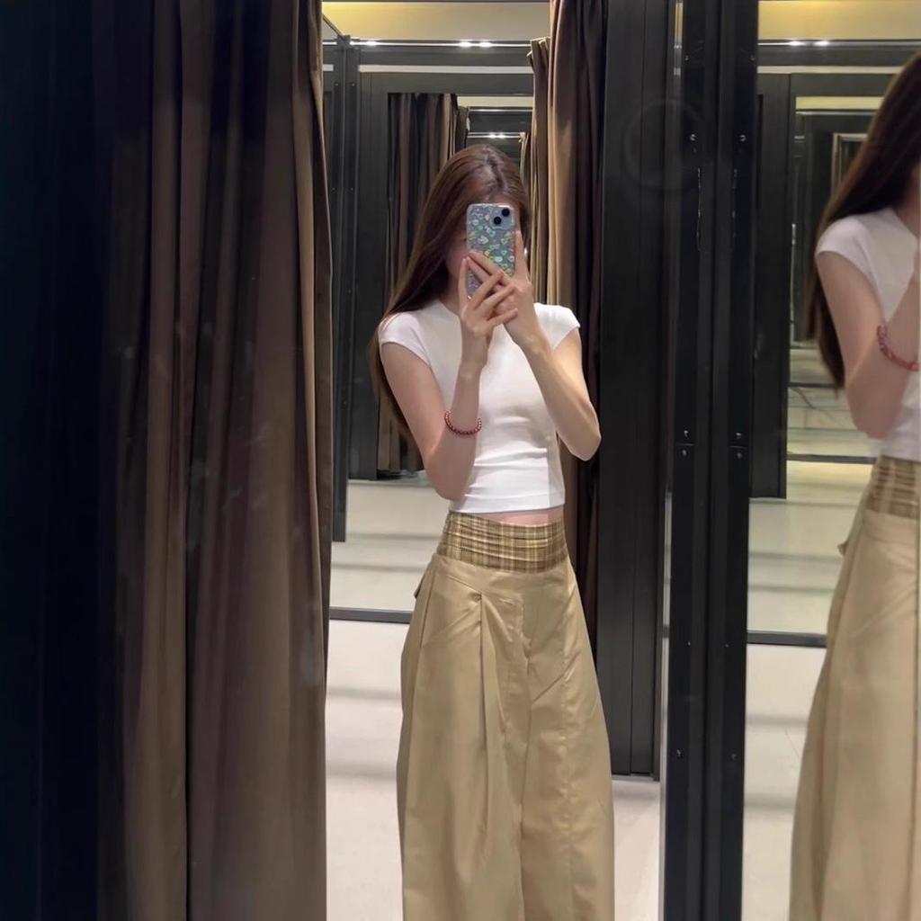 Women's Plaid Patchwork Khaki Wide-Leg Pants - Spring Loose Fit, Straight-Leg, Floor-Length