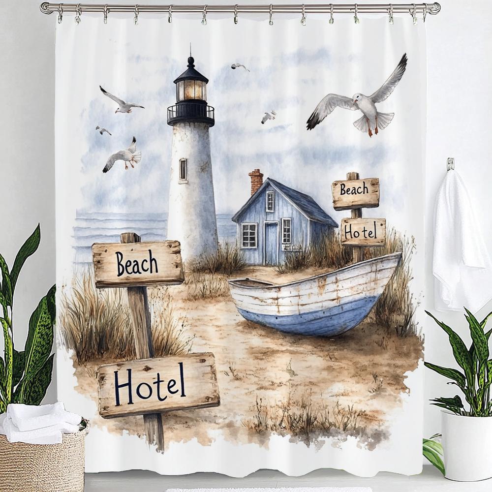 1pc Blue Beach, Lighthouse, Seaside Scenery Print Waterproof Shower Curtain Partition Privacy Hanging Curtain with 12 Hooks