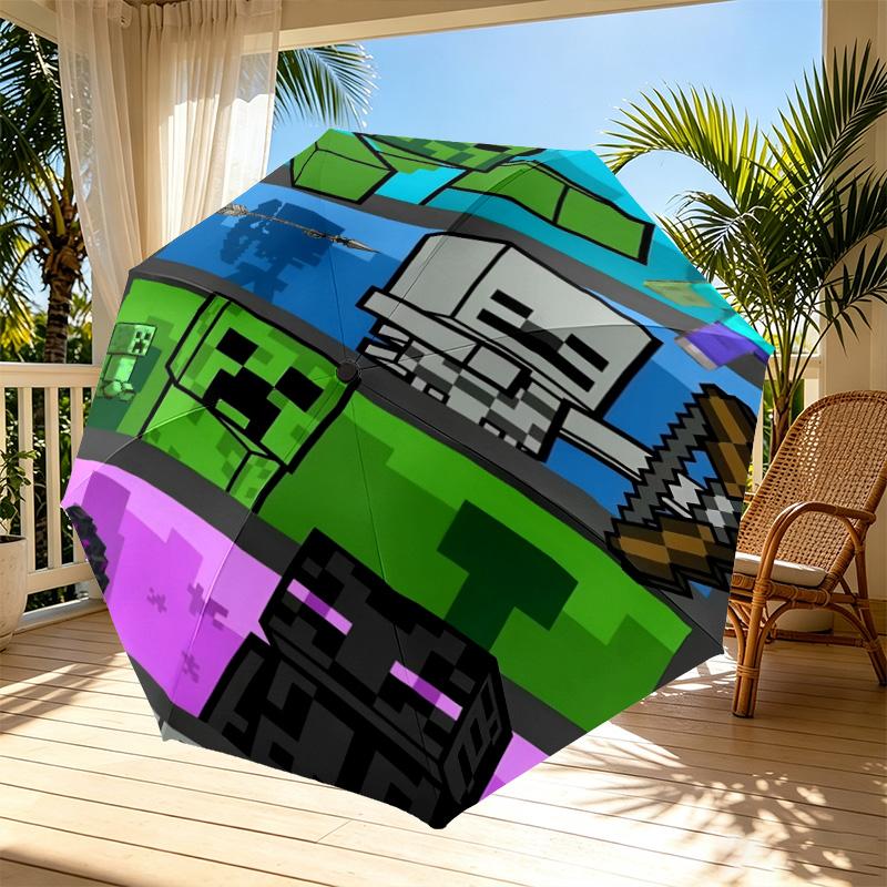 Sandbox Game Print Automatic Open Close Umbrella, Portable Foldable Umbrella, for Outdoor Commute Camping Trip, Ideal Birthday Gift
