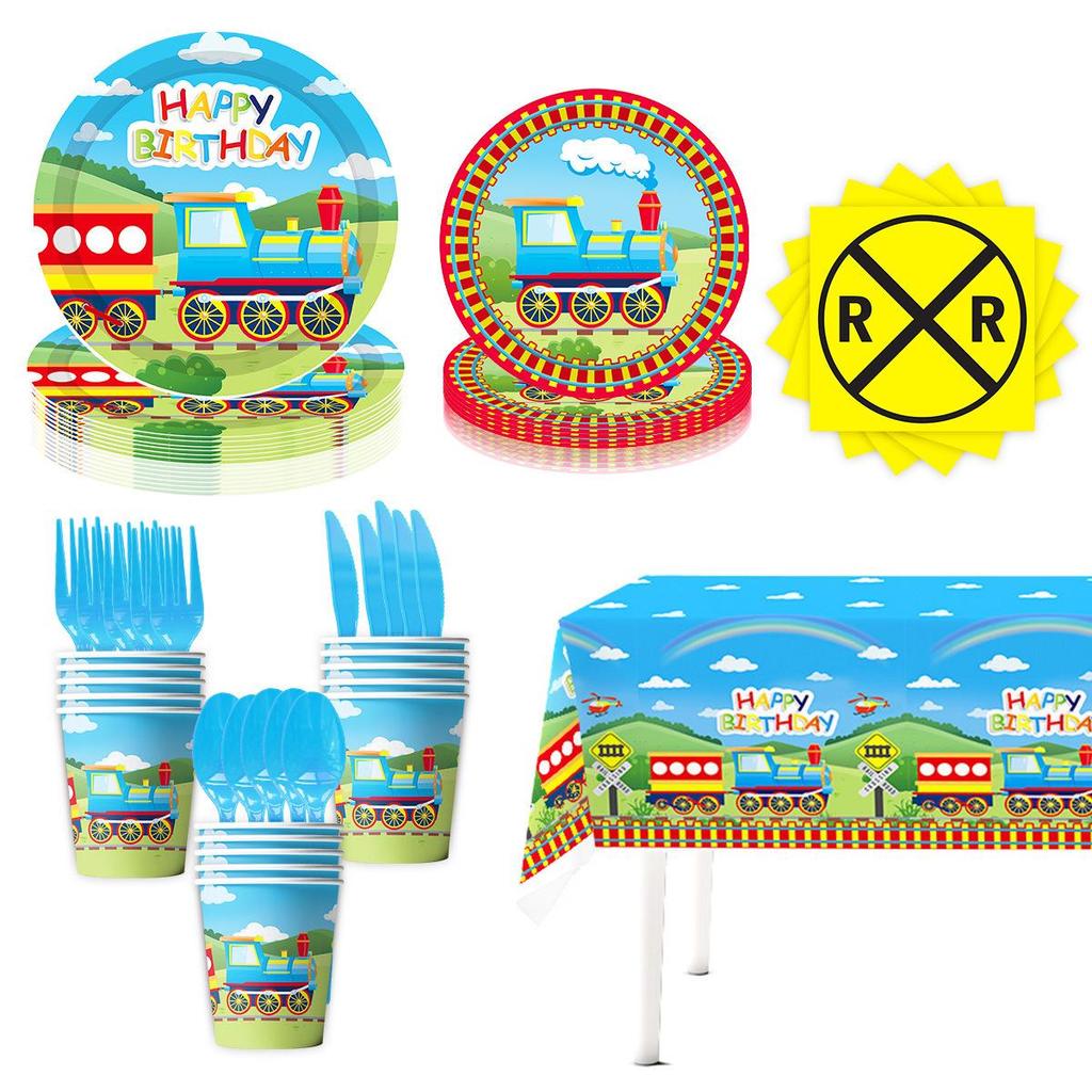 Little Train Birthday Party Disposable Tableware Set - Plates, Cups, Napkins, Tablecloth