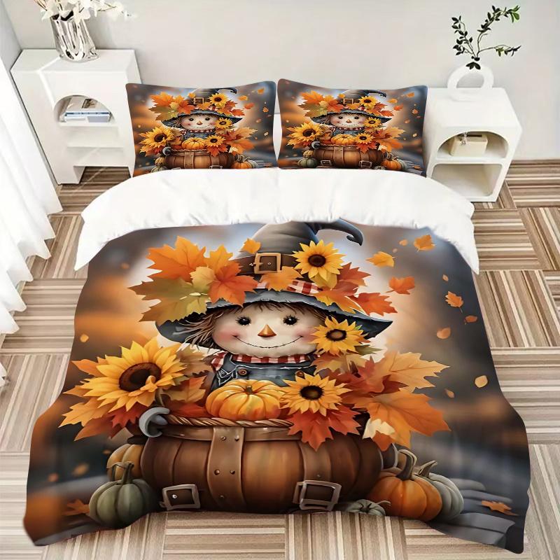 3pcs Autumn Harvest Scarecrow Bedding Set, Including 1 Quilt Cover and 2 Pillow Shams, Without Filling, Soft and Comfortable Home Bedroom Fa