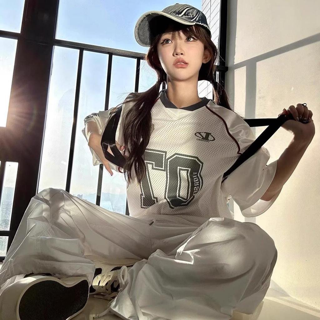 Unisex White Mesh Short Sleeve T-Shirt with American Retro Graffiti Print