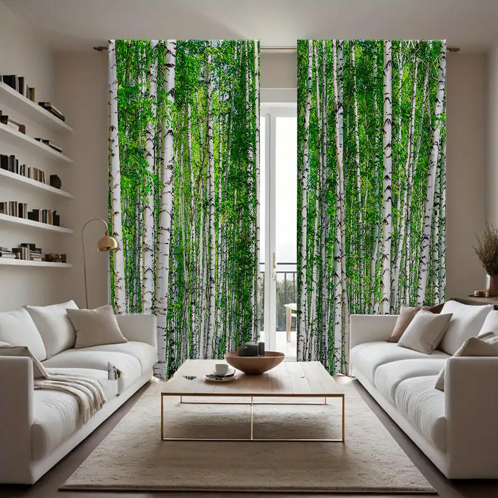 2PC Home Birch Forest Curtains With Landscape Background And Pole Pocket Curtains, Kitchen, Coffee Shop, Living Room