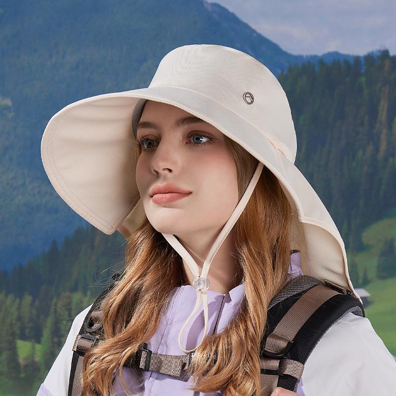 Spring and summer big eaves shawl neck protector bucket hat outdoor sun protection sun hat fashion with ponytail hole hat women