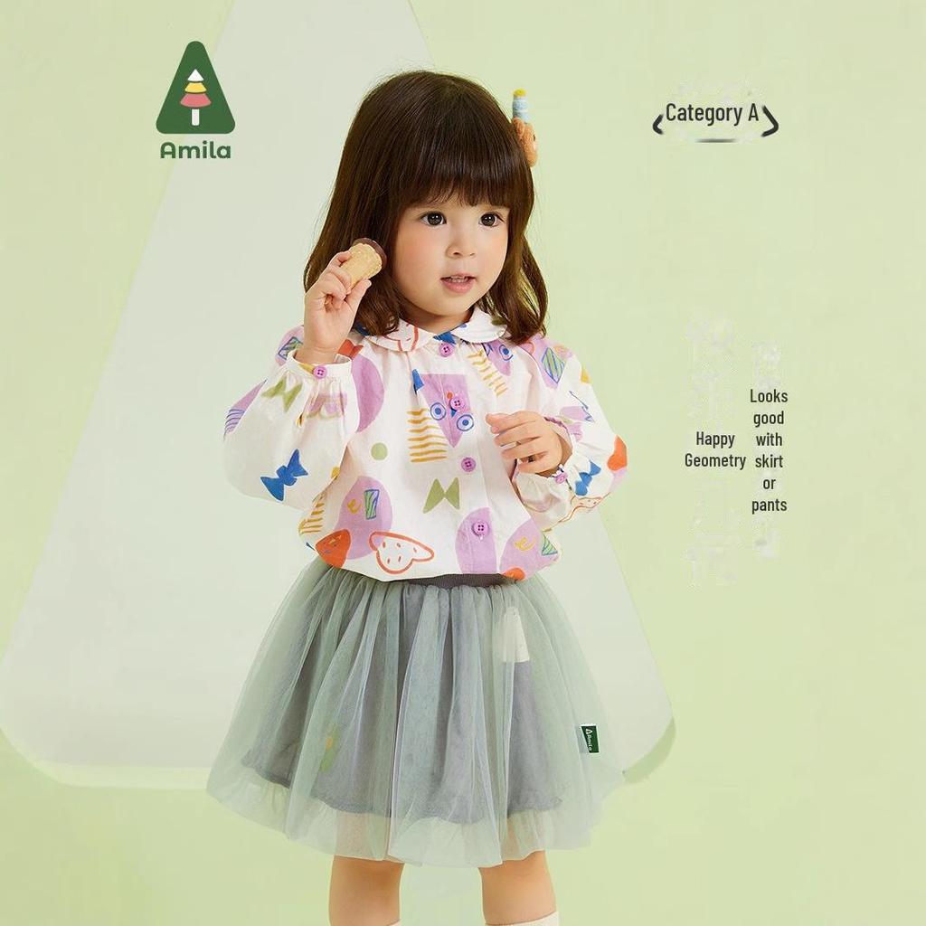 2025 Spring Girls' Cute Sweet Shirt: Full Print Large Lapel Casual Top