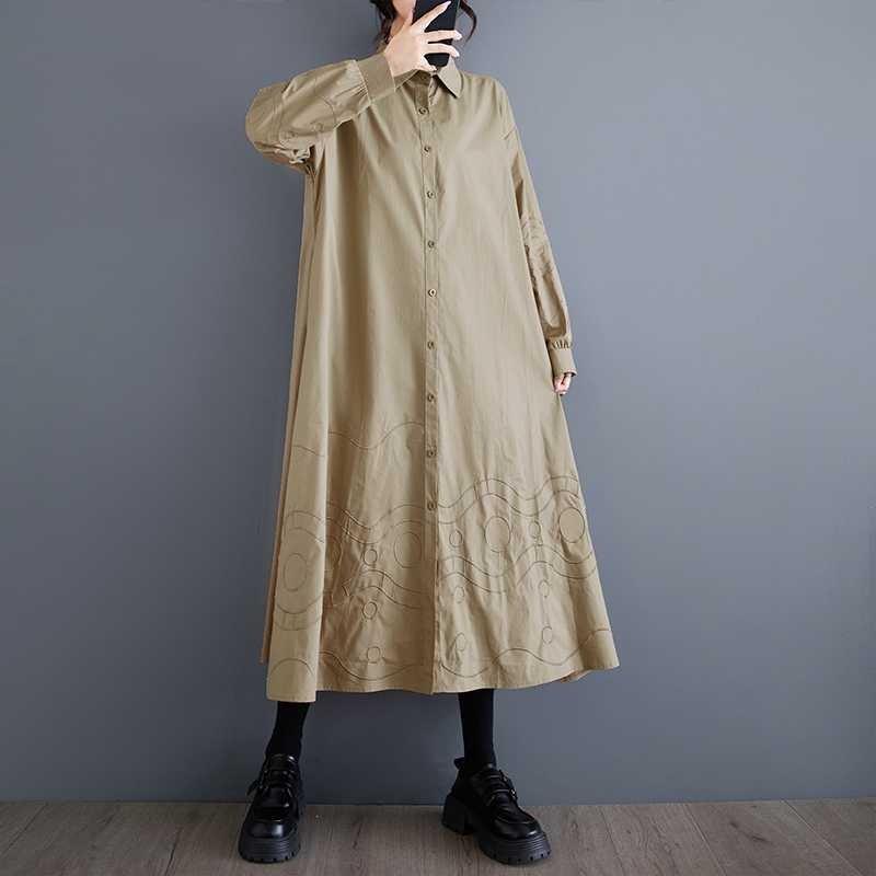 Lösa Plus Size Splicing Casual Enkla Broderier Söta Långärmade Klänningar