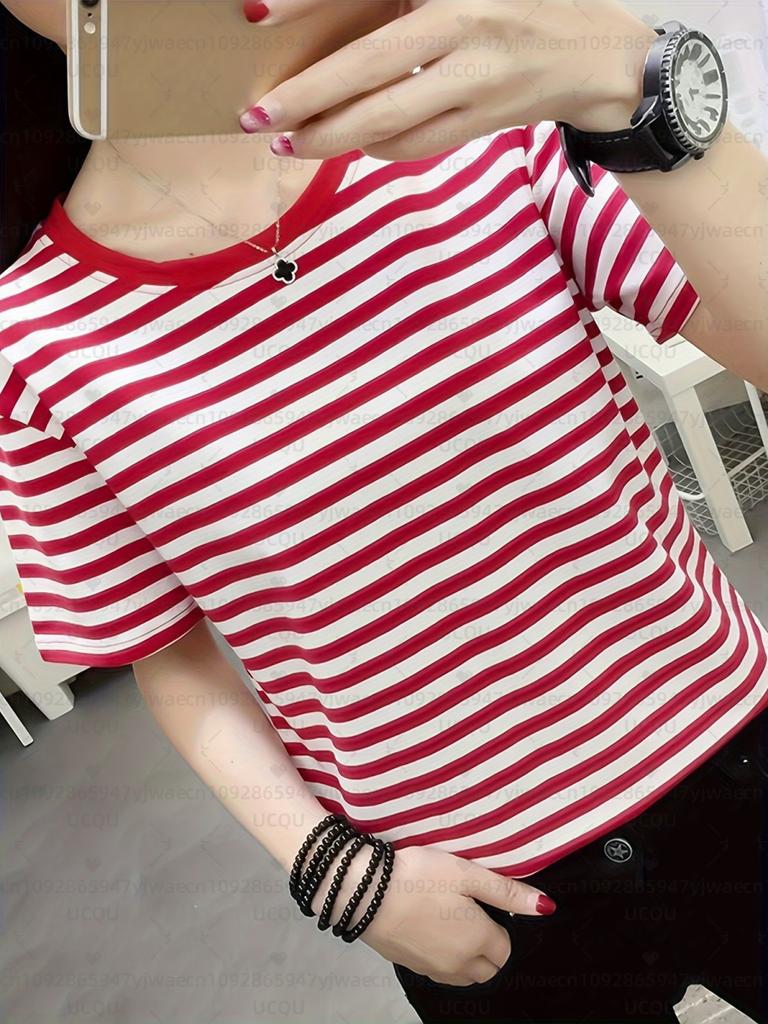 Summer Women Short Sleeve Stripe Red Heart Print T-Shirt Girl Round Neck Tee Outdoor Sports Adult T-Shirt Tops