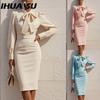 IHUASU U Women's Fashion Autumn Winter Solid Color Print Long SleeveCasual Dresses